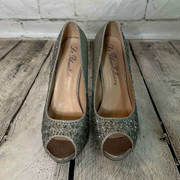 D10 De Blossom Collection Silver Glitter Peep-Toe Heels, Size 6, Pre-owned - Picture 2 of 7